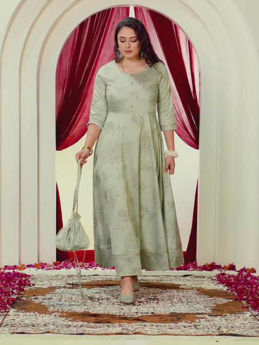 Poly Chanderi Gold foil Anarkali Mint Green Dress (With Potli Bag)