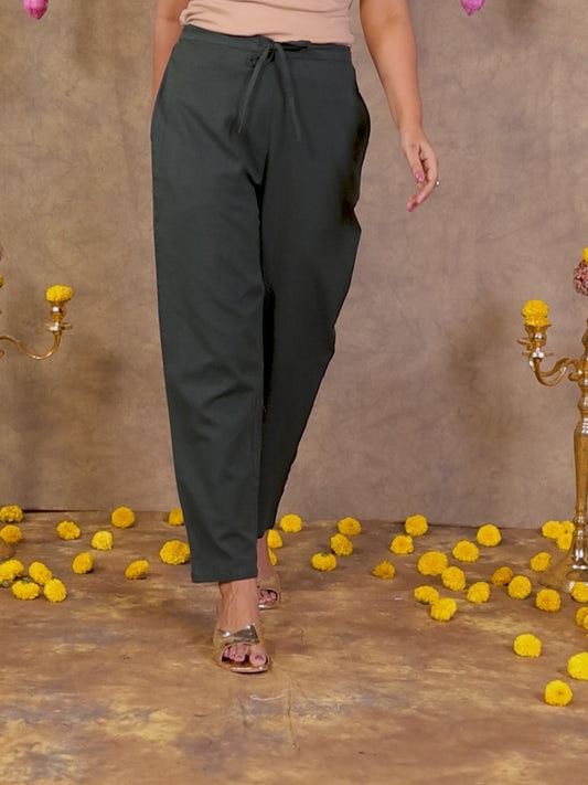Linen Cotton Solid Green Tapered Trousers