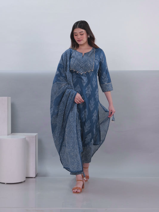 Soft Cotton Bandhani Straight Blue Kurta
