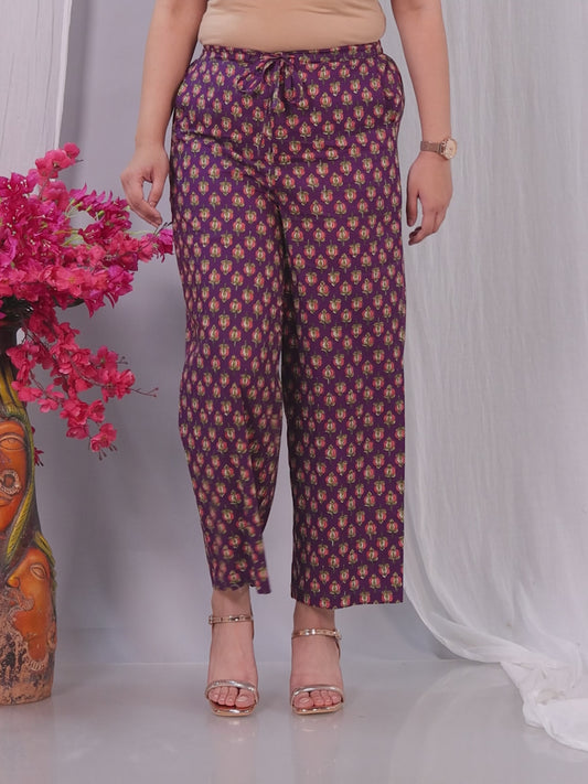 Soft Cotton Floral Wine Straight Trousers