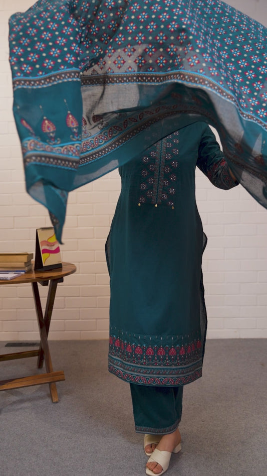 Embroidered Soft Cotton Butta A-line Blue Kurta