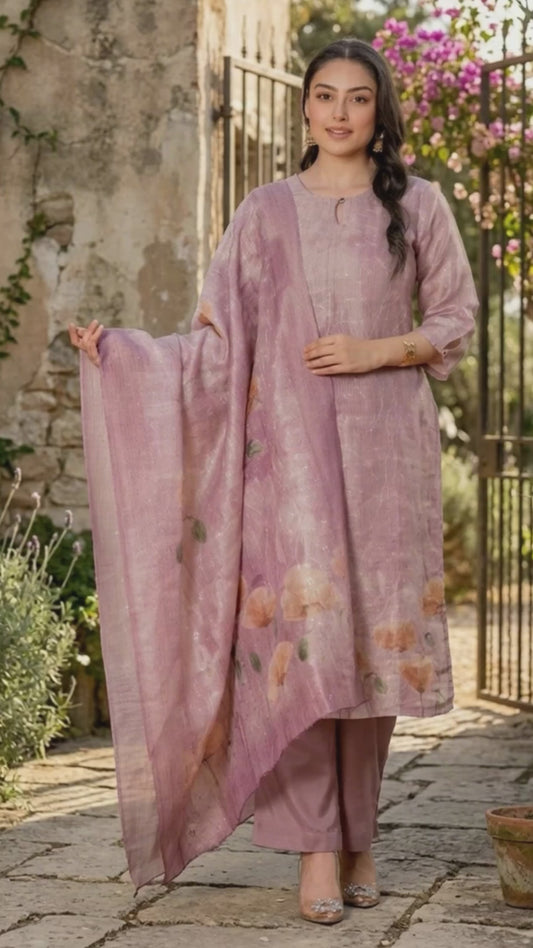 Blended Silk Placement Print Straight Mauve Kurta