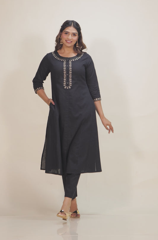 Embroidered Linen Cotton Solid A-line Black Kurta