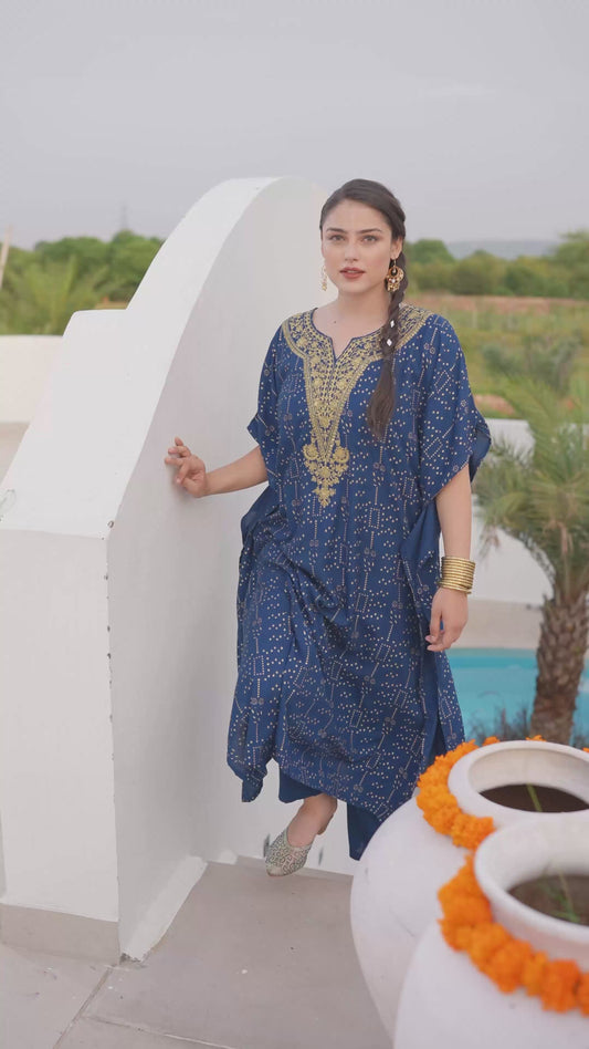 Embroidered Viscose Gold foil Kaftan Blue Kurta