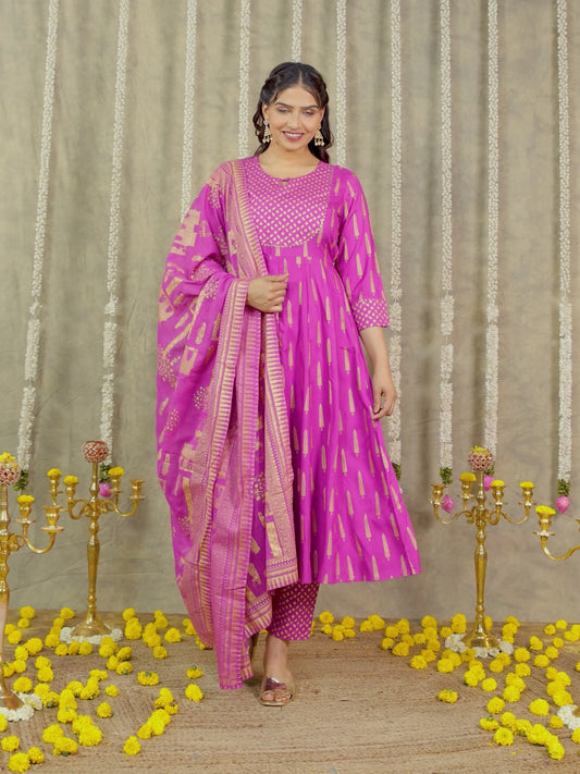 Viscose Gold foil Anarkali Pink Kurta