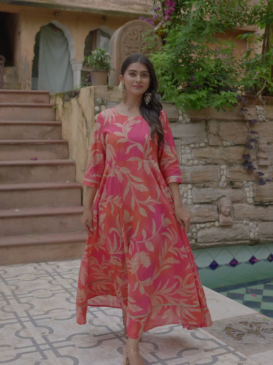 Muslin Floral Anarkali Orange Dress