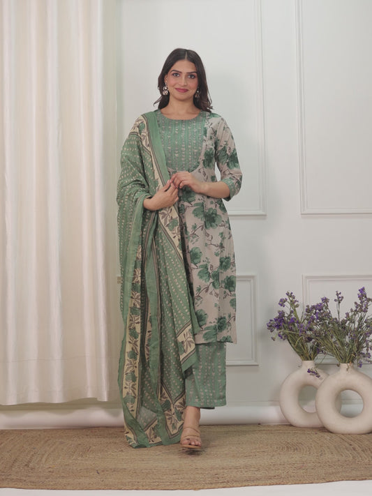 Embroidered Soft Cotton Floral Flared Grey Kurta