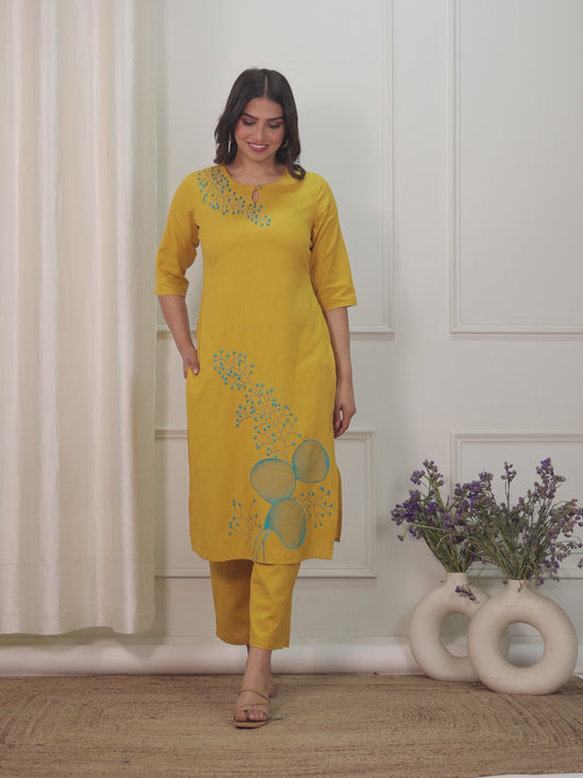 Embroidered Linen Cotton Solid Straight Yellow Kurta