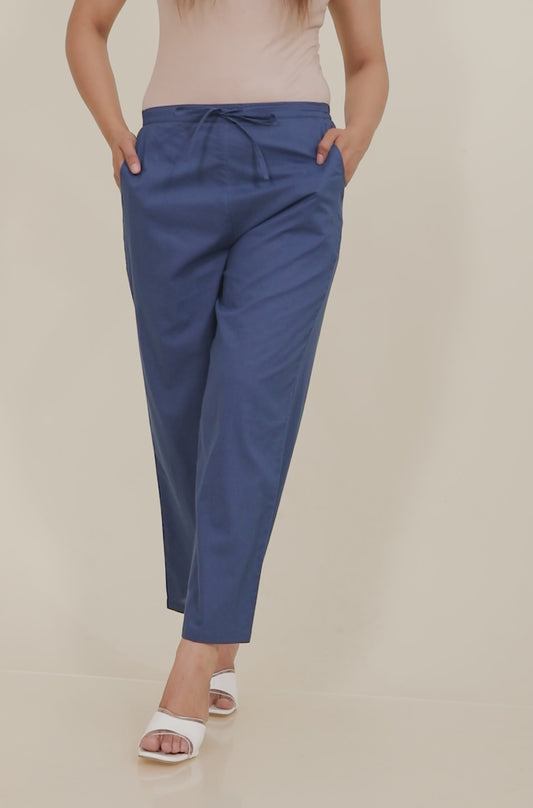 Soft Cotton Solid Blue Straight Trousers