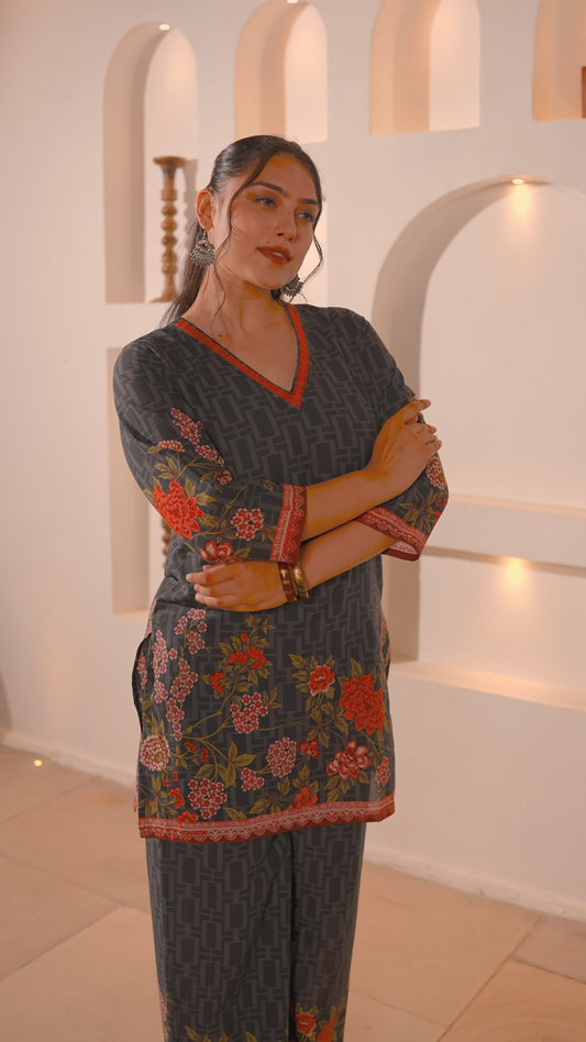 Embroidered Soft Cotton Placement Print Straight Black Kurta