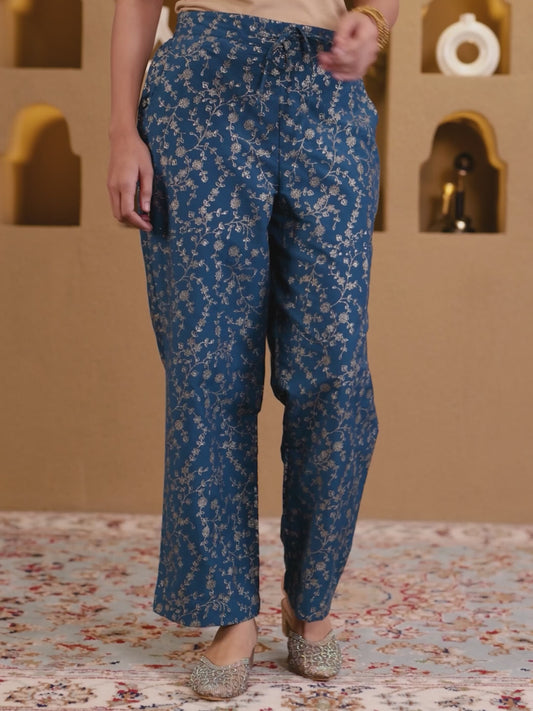 Chinon Gold foil Blue Straight Trousers
