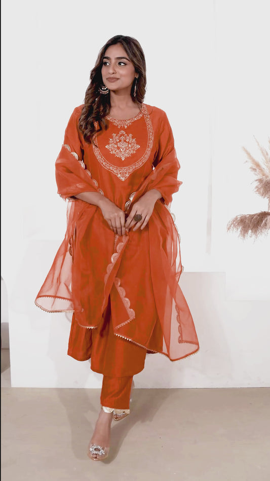 Embroidered Chanderi Solid A-line Rust Orange Kurta