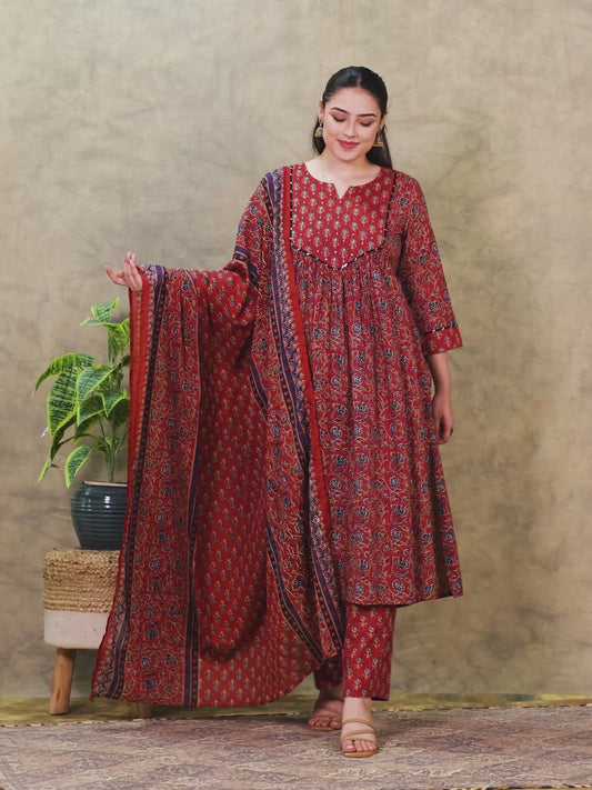 Embroidered Kantha Cotton Floral Flared Red Kurta