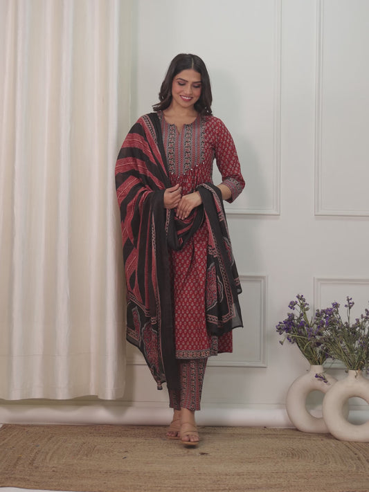 Soft Cotton Ajrakh A-line Red Kurta