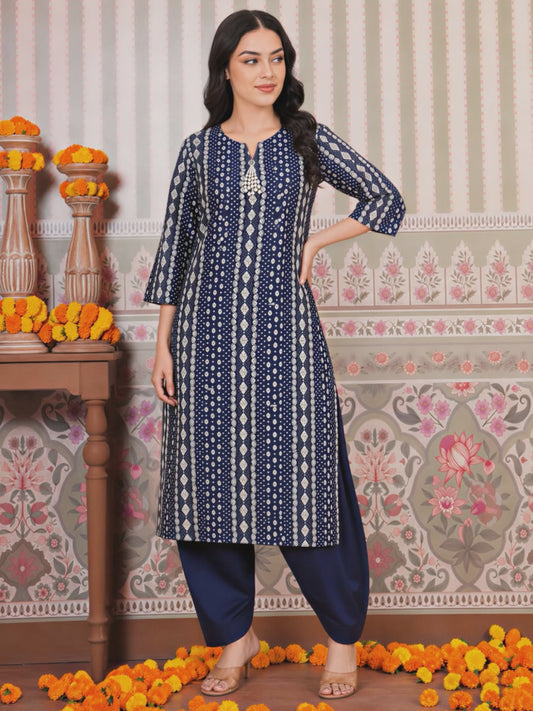 Chanderi Geometric Straight Blue Kurta