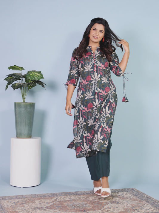Soft Cotton Foliage Straight Green Kurta