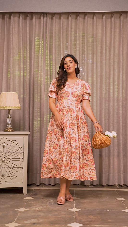 Blend Cotton Floral Flared Multicolor Dress