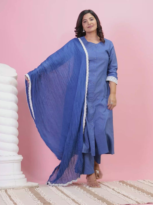 Kantha Cotton Solid Straight Blue Kurta