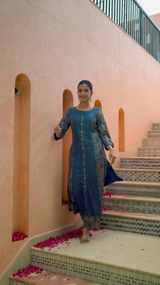 Viscose Gold Foil A-line Royal Blue Kurta