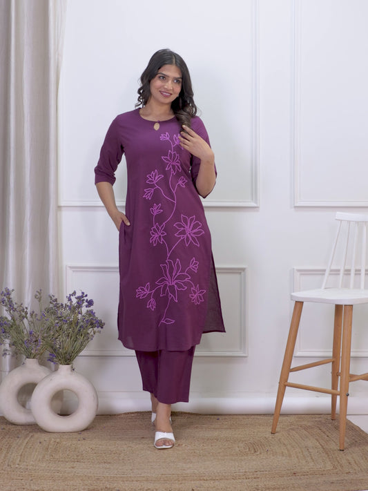 Embroidered Soft Cotton Solid Straight Wine Kurta