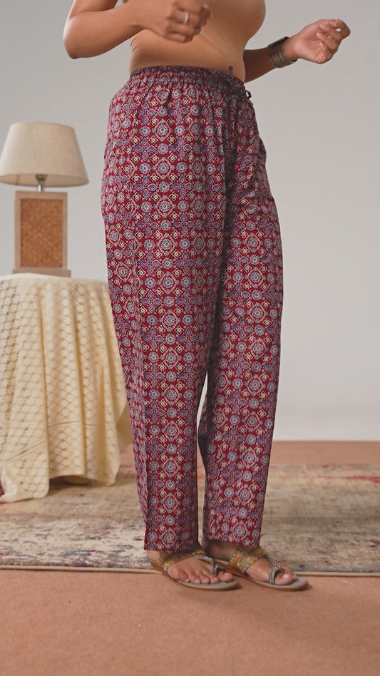 Soft cotton Ajrakh Maroon Straight Trousers