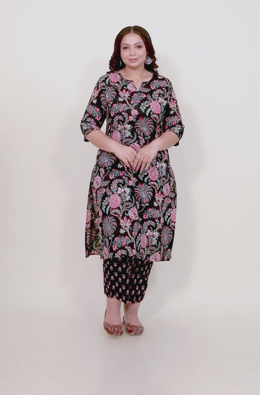 Soft Cotton Floral Straight Black Kurta