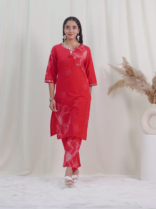 Embroidered Soft Cotton Bandhani Straight Rust Kurta