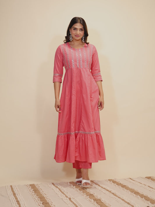Embroidered Soft Cotton Solid Anarkali Pink Kurta