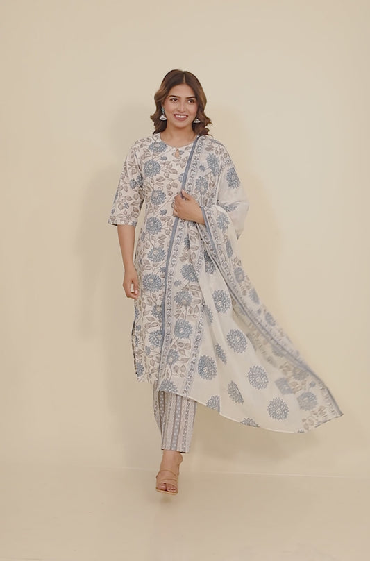 Soft Cotton Floral Straight Blue Kurta