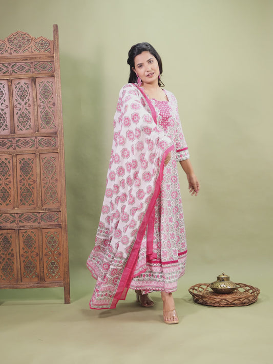 Embroidered Soft Cotton Geometric Flared Pink Kurta