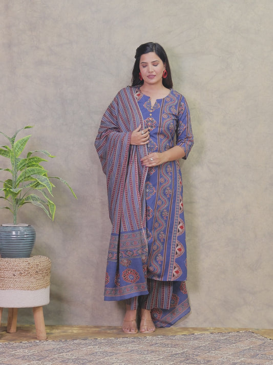 Soft Cotton Geometric A-line Blue Kurta
