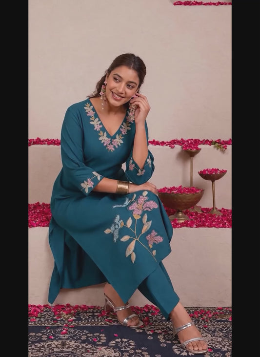 Embroidered Viscose Solid Straight Teal Kurta