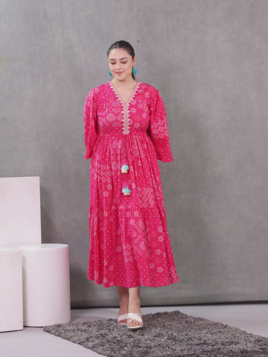 Soft Cotton Bandhani Gathered Pink Dress