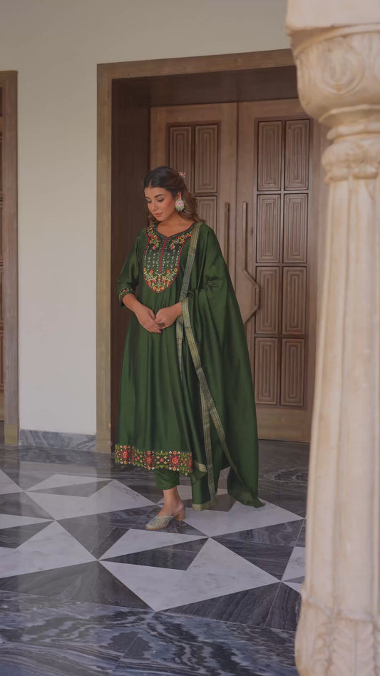 Embroidered Blended Silk Solid Bottle Green Anarkali Kurta