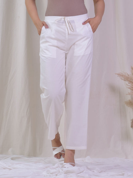 Soft Cotton Solid Off White Trousers Straight Trousers