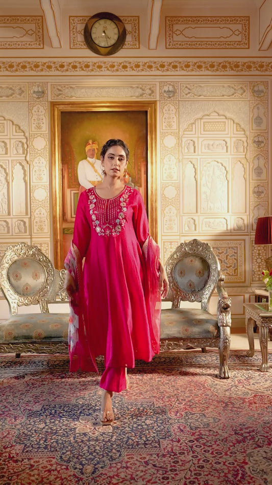 Embroidered Blended Silk Solid Dark Pink Kurta