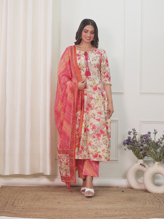 Soft Cotton Floral Anarkali Beige Kurta