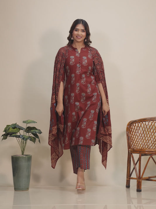 Soft Cotton Floral Straight Maroon Kurta