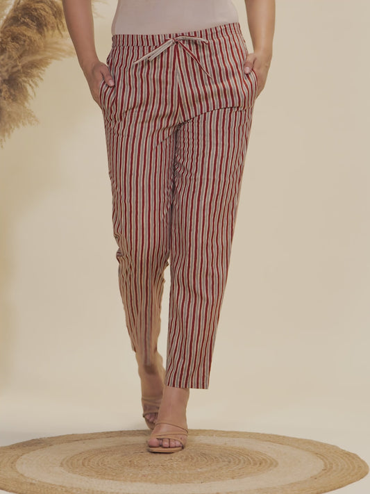 Soft Cotton Striped Beige Tapered Trousers