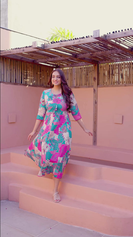 Soft Cotton Floral Anarkali Turquoise Dress