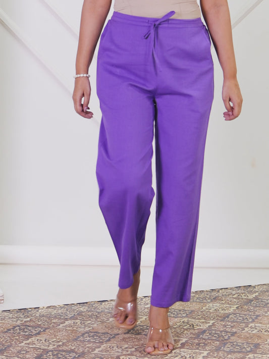Linen Cotton Solid Purple Straight Trousers