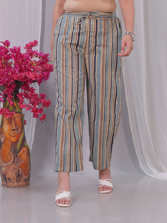 Soft Cotton Striped Blue Straight Straight Trousers