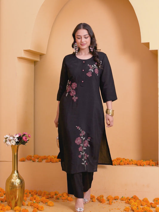 Embroidered Chanderi Solid Straight Black Kurta