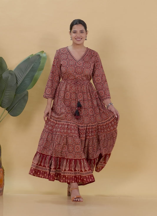 Soft Cotton Ajrakh Anarkali Rust Dress