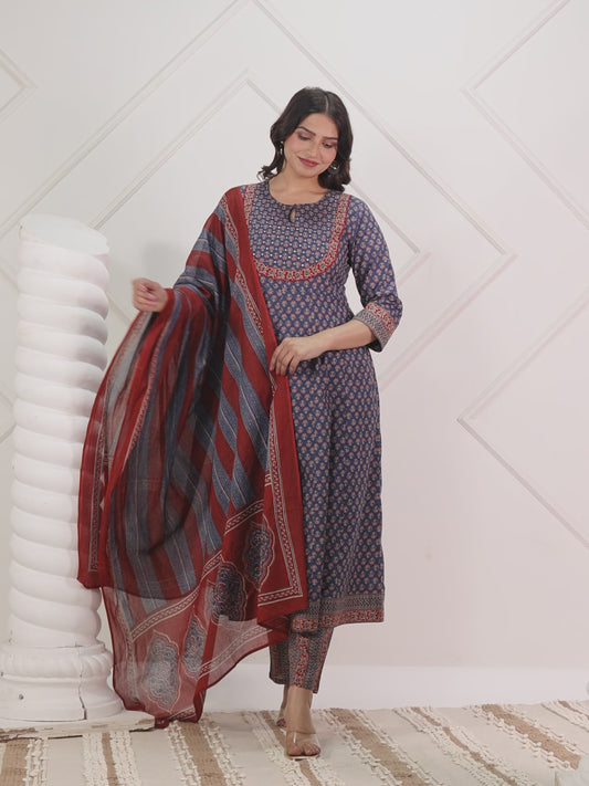 Embroidered Soft Cotton Ajrakh Anarkali Blue Kurta
