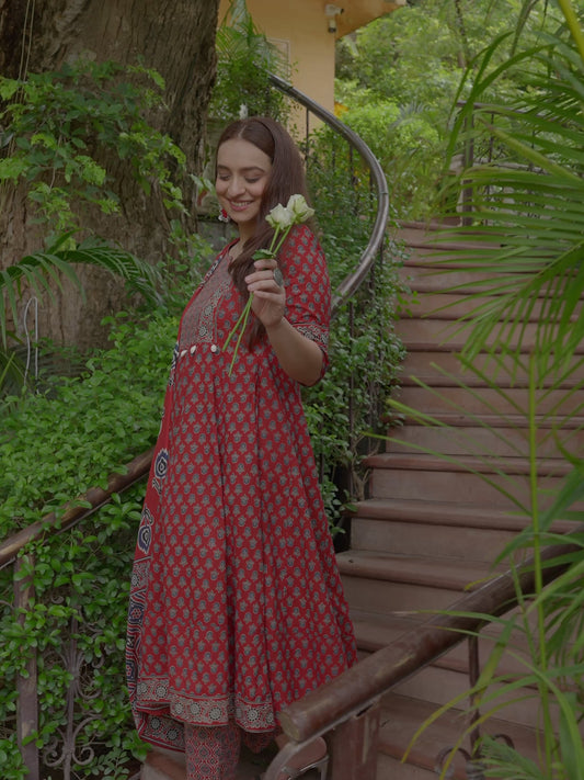 Soft Cotton Ajrakh Anarkali Red Kurta