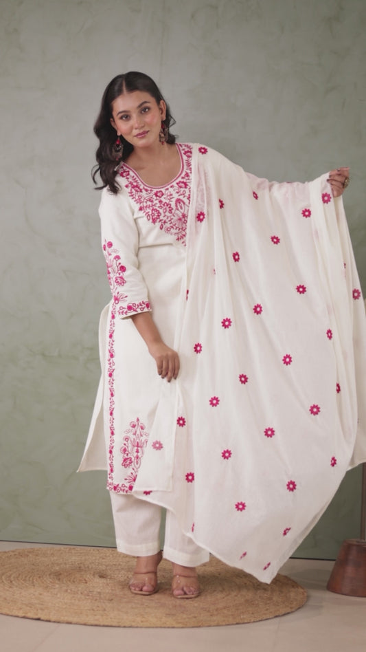 Embroidered Linen cotton Solid Straight Off White Kurta