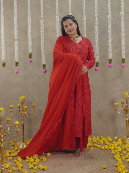 Soft Cotton Floral Flared Red Kurta