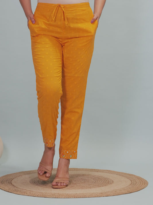 Soft Cotton Solid Yellow Tapered Trousers