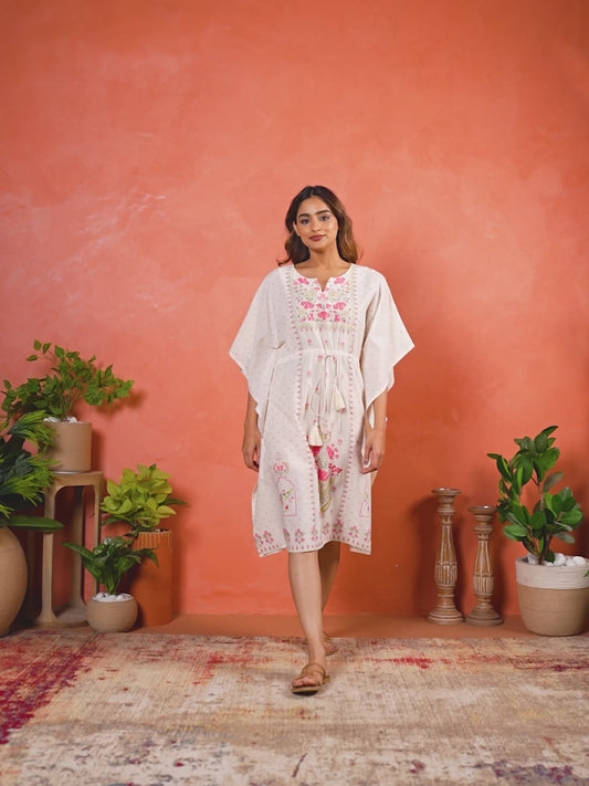 Soft Cotton Placement Print Kaftan Off White Nighty